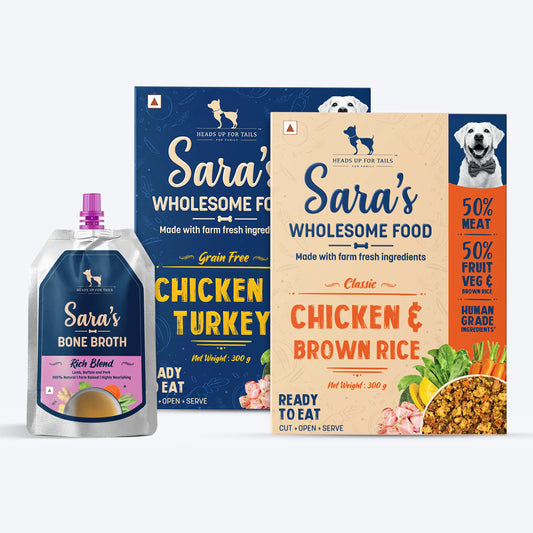 HUFT Sara's Wholesome Food - Classic Chicken And Brown Rice, Grain-Free Chicken And Turkey and Sara's Rich Blend Bone Broth Combo - 01
