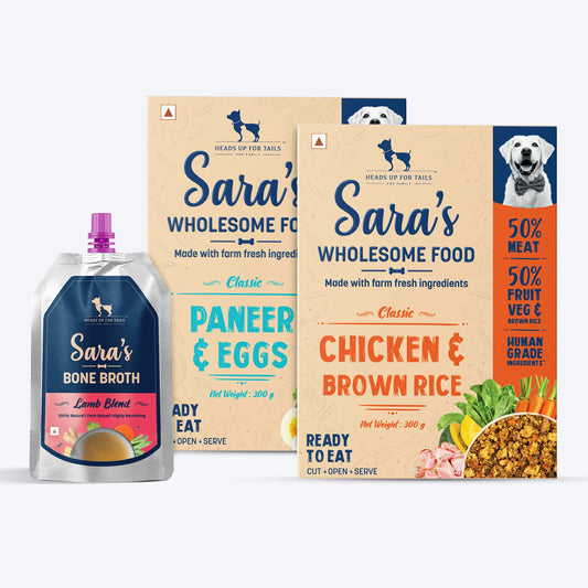 HUFT Sara's Wholesome Food- Classic Paneer And Eggs, Chicken And Brown Rice and Sara's Lamb Blend Bone Broth Combo - 01